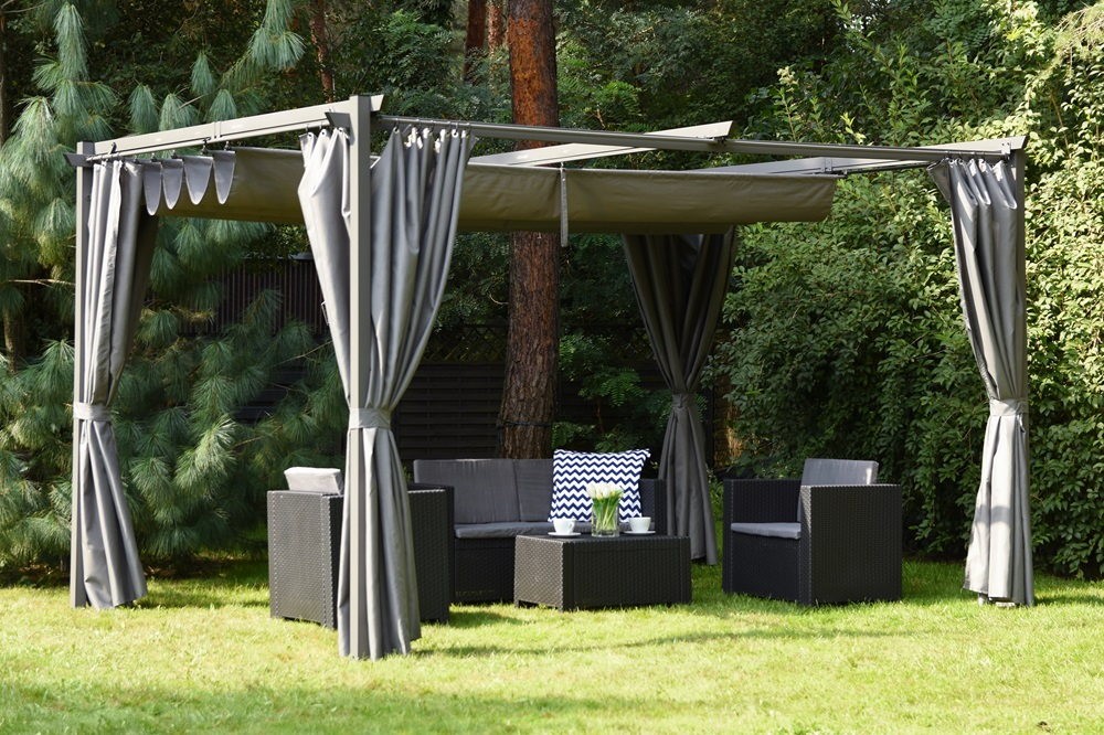 Antracitová pergola na terasu so závesmi La Palma 3x4 Garden Point